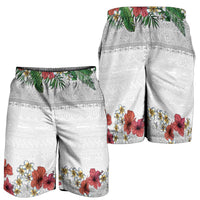 Hawaiian Tropical Flowers and Tribal Polynesian Tattoo Shorts for Men White Color - Polynesian Pride
