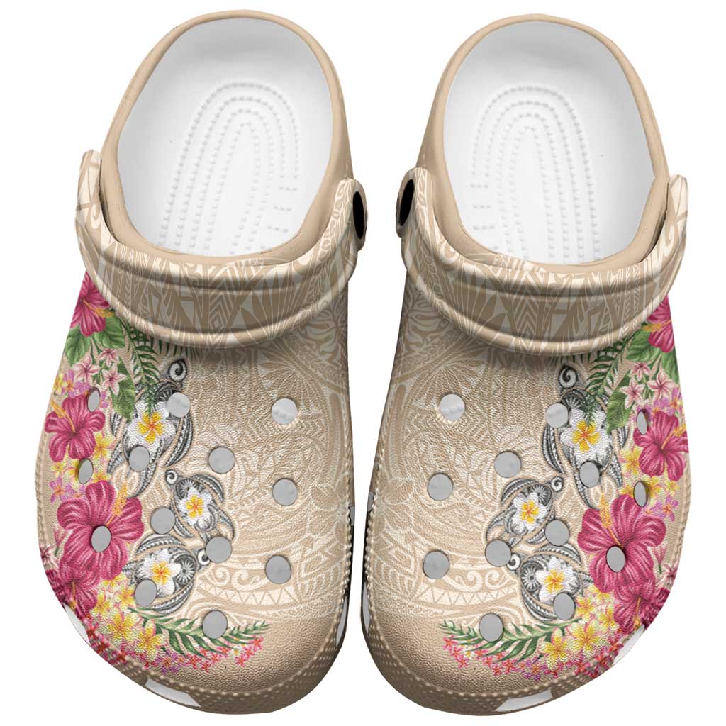Hawaiian Tropical Flowers and Tribal Turtles Clogs Shoes Polynesian Art Motifs Beige Color LT03 Beige - Polynesian Pride