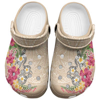 Hawaiian Tropical Flowers and Tribal Turtles Clogs Shoes Polynesian Art Motifs Beige Color LT03 Beige - Polynesian Pride