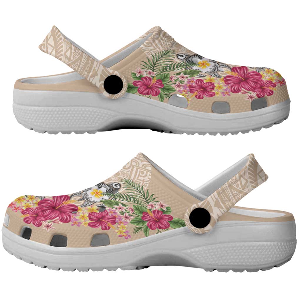 Hawaiian Tropical Flowers and Tribal Turtles Clogs Shoes Polynesian Art Motifs Beige Color LT03 - Polynesian Pride