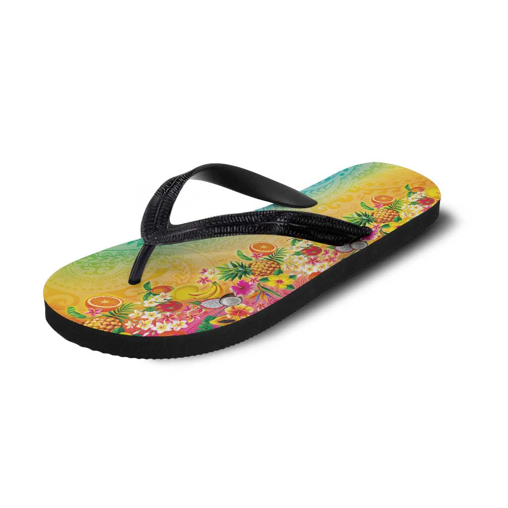 Hawaiian Tropical Fruits and Plants Flip Flops Kakau Pattern Summer Vibe