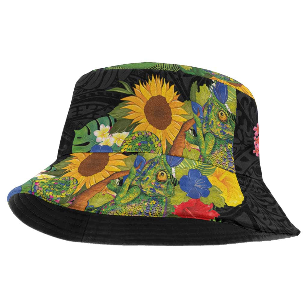 Hawaiian Tropical Plants and Chameleon Bucket Hat Polynesian Art Colorful LT03