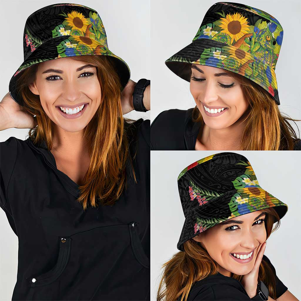Hawaiian Tropical Plants and Chameleon Bucket Hat Polynesian Art Colorful LT03