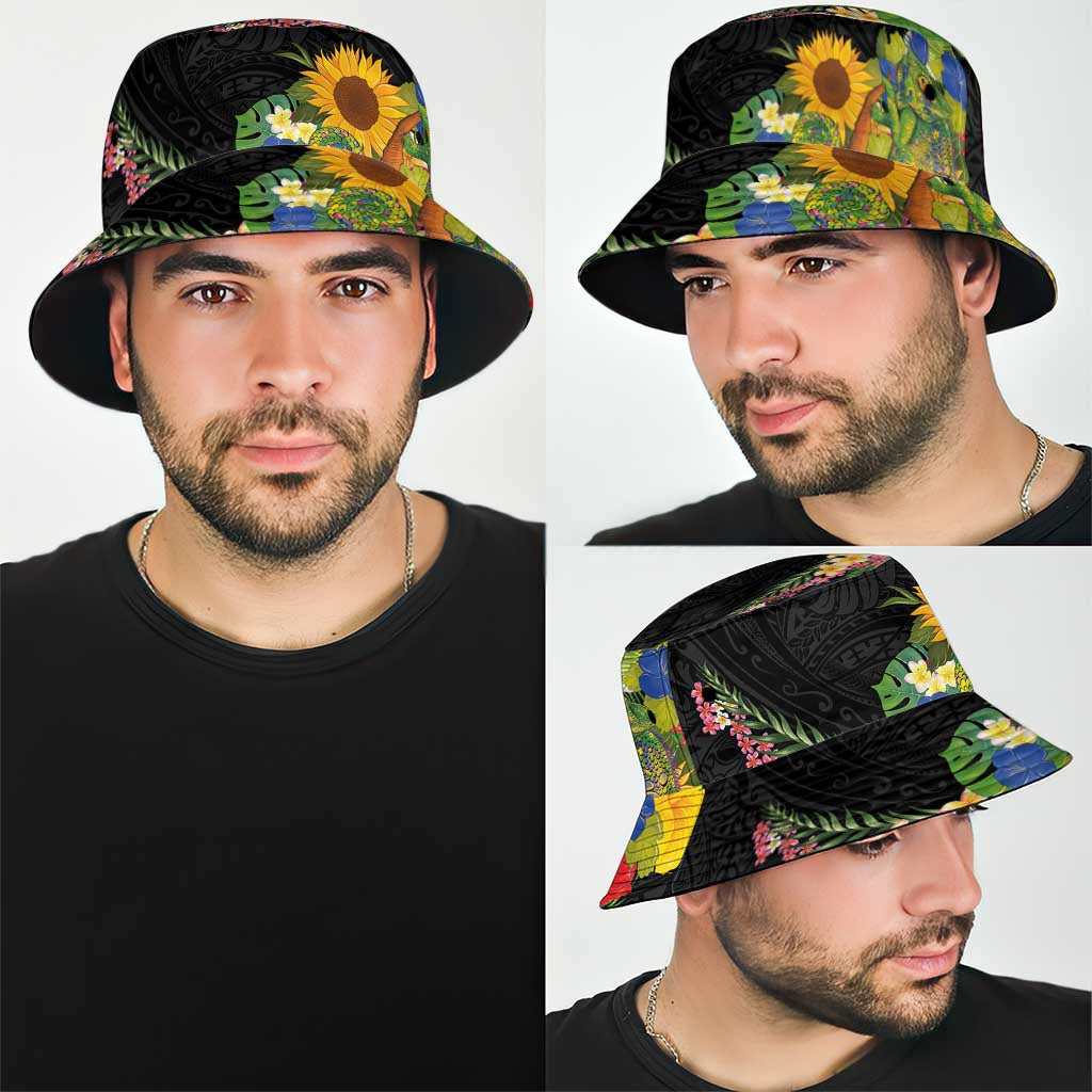 Hawaiian Tropical Plants and Chameleon Bucket Hat Polynesian Art Colorful LT03