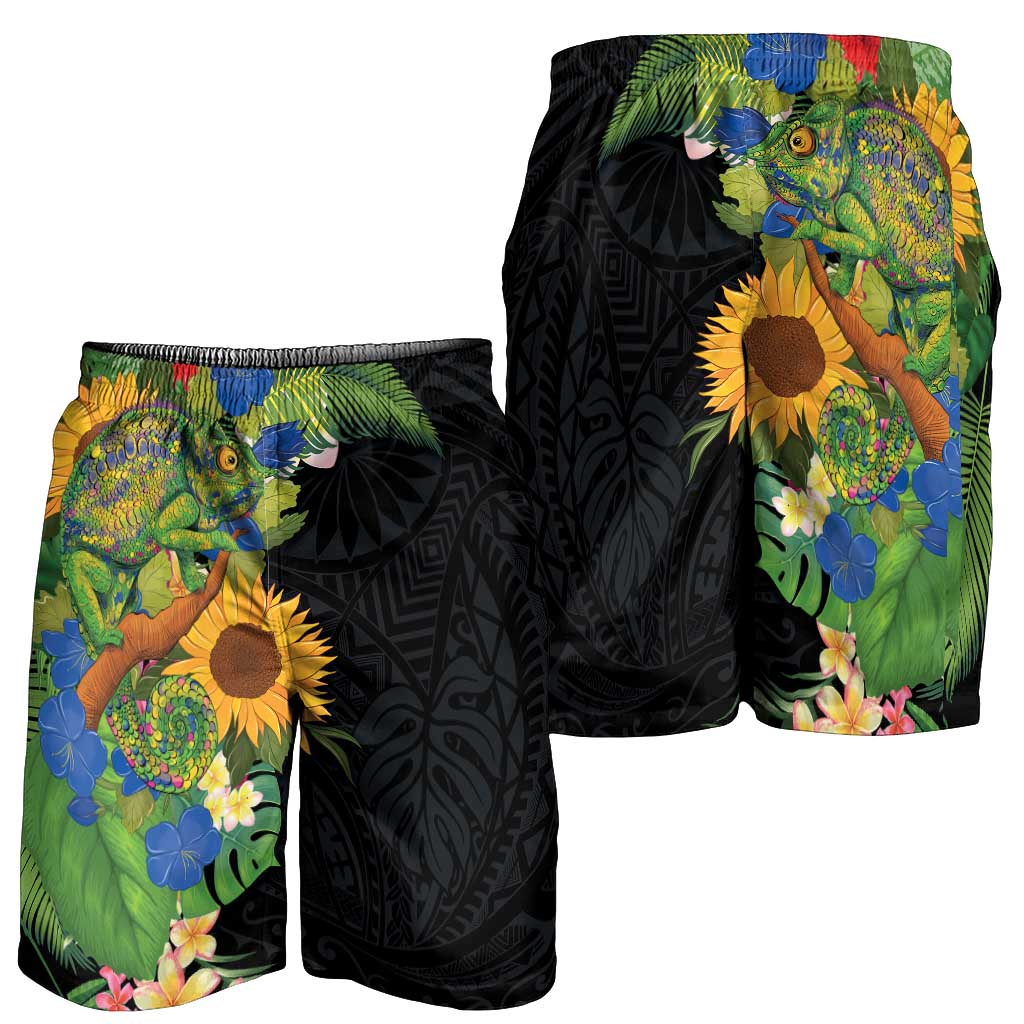 Hawaiian Tropical Plants and Chameleon Shorts for Men Polynesian Art Colorful - Polynesian Pride