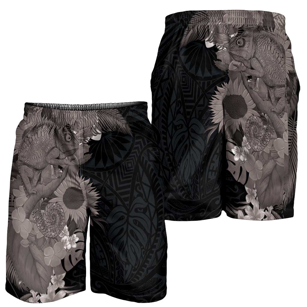 Hawaiian Tropical Plants and Chameleon Shorts for Men Polynesian Art Grayscale - Polynesian Pride