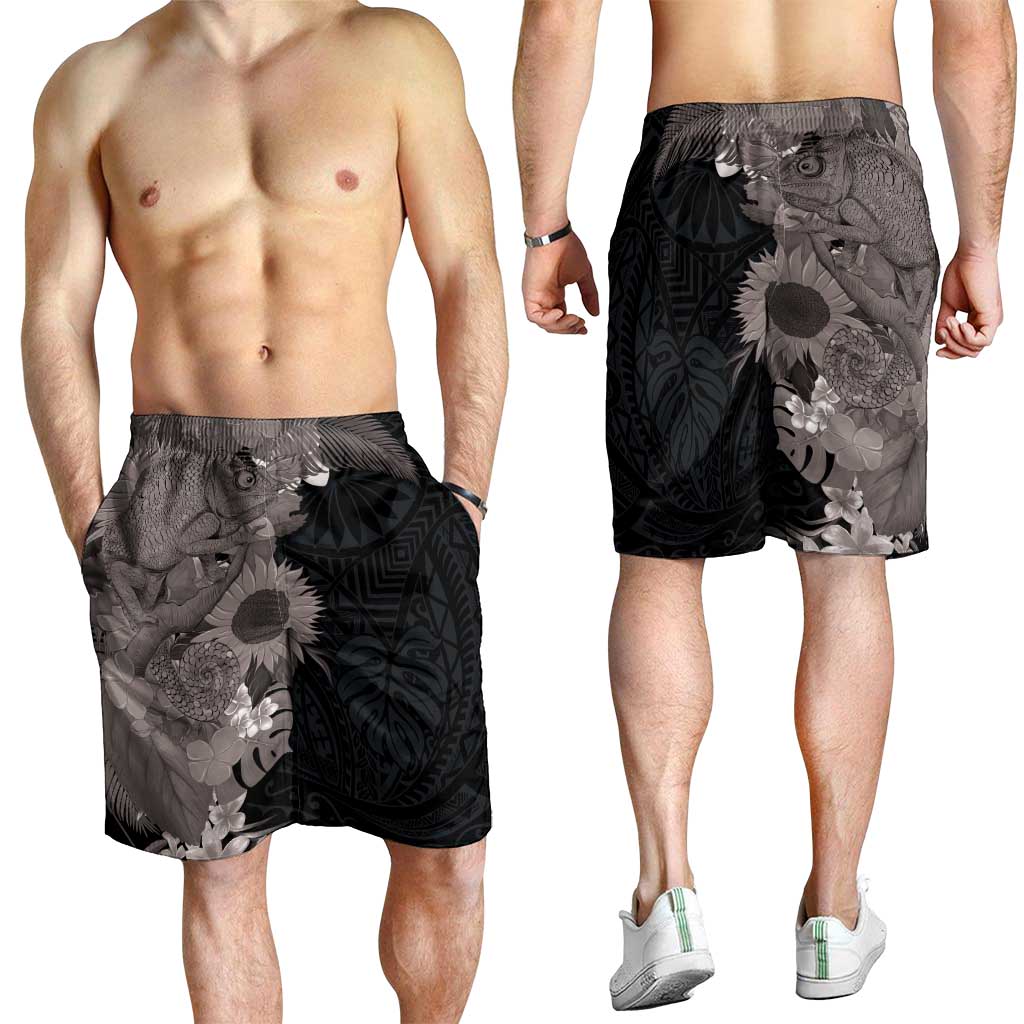 Hawaiian Tropical Plants and Chameleon Shorts for Men Polynesian Art Grayscale - Polynesian Pride