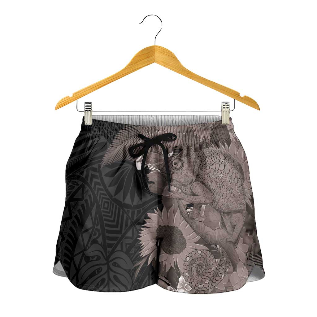 Hawaiian Tropical Plants and Chameleon Shorts for Women Polynesian Art Grayscale LT03 - Polynesian Pride