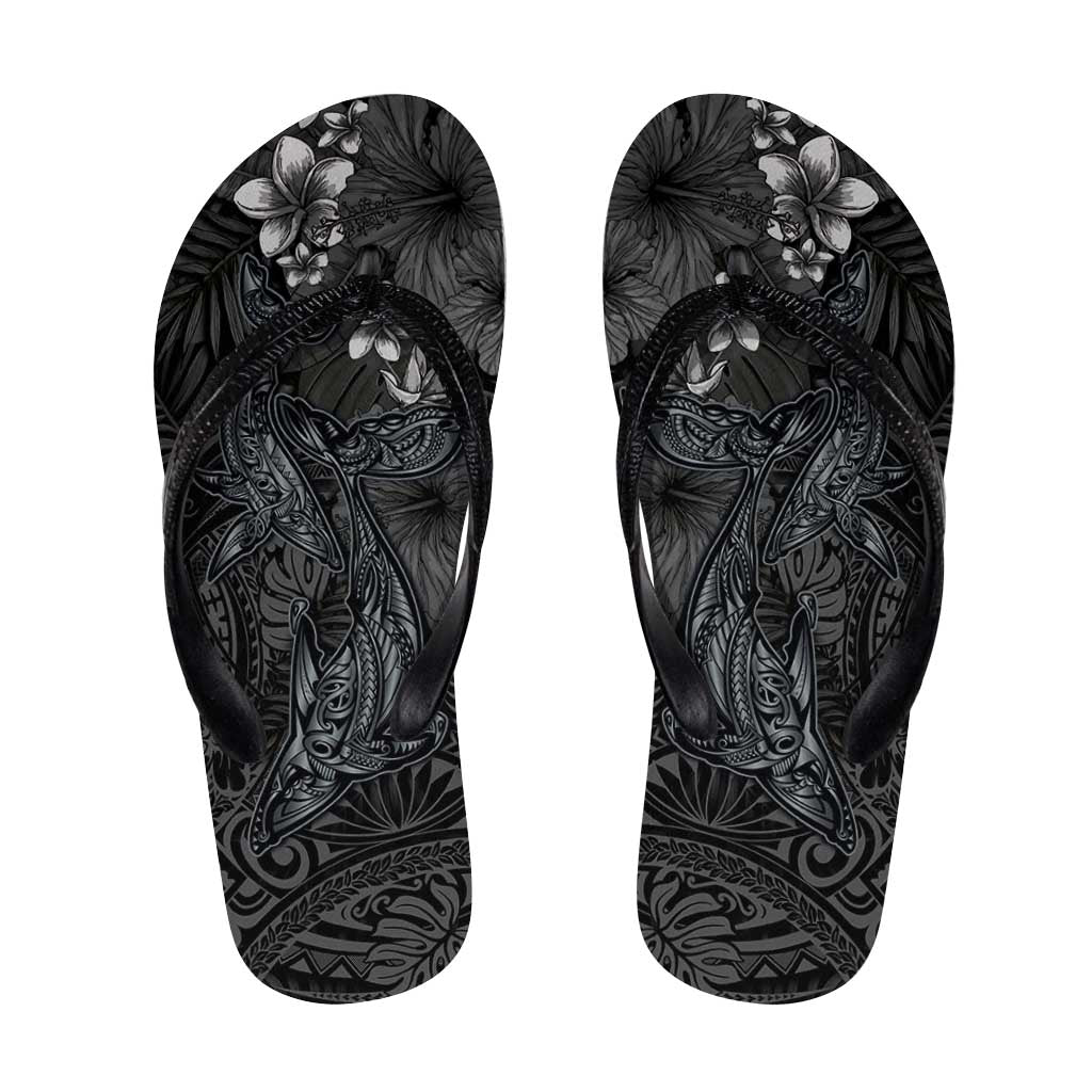 Hawaiian Tropical Plants and Tribal Whales Flip Flops Polynesian Art Tattoo Grayscale