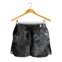 Hawaiian Tropical Plants and Tribal Whales Shorts for Women Polynesian Art Tattoo Grayscale