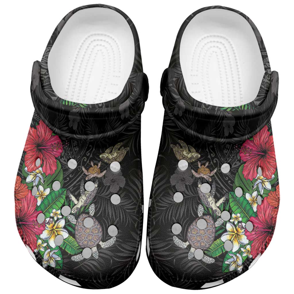 Hawaiian Tropical Plants and Turtles Clogs Shoes Polynesian Art Motifs LT03 Black - Polynesian Pride