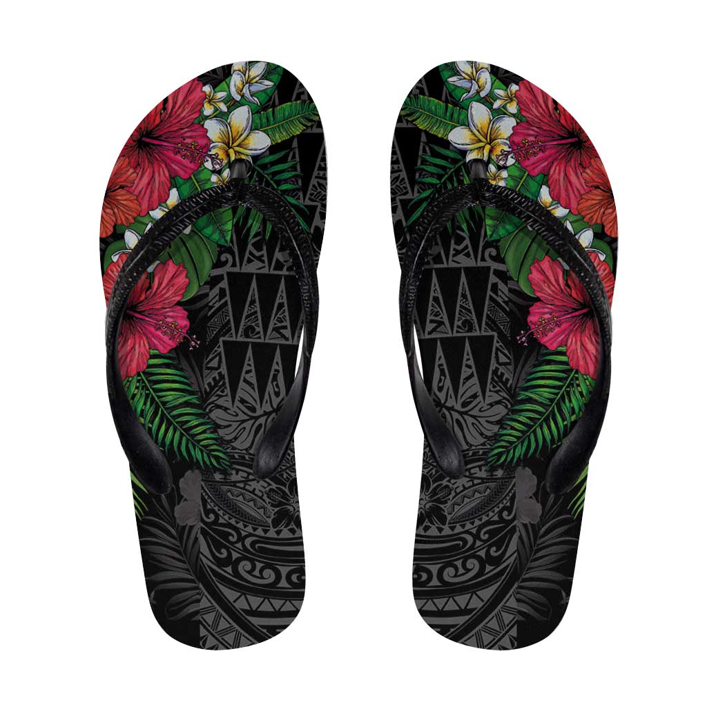 Hawaiian Tropical Plants Flip Flops Kakau Tattoo and Polynesian Pattern Half Black Color