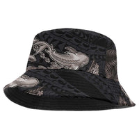 Hawaiian Tropical Plants Turtle and Shark Bucket Hat Polynesian Art Tattoo Grayscale Color LT03