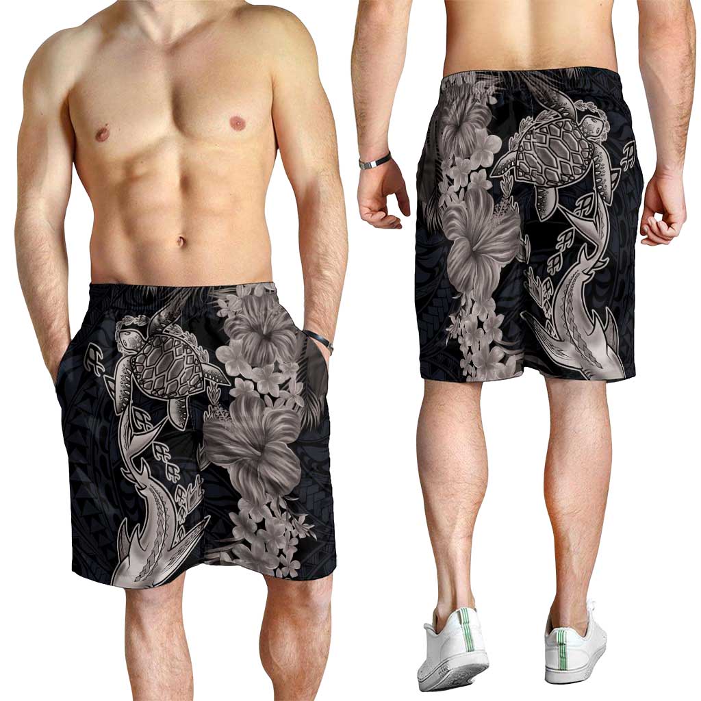 Hawaiian Tropical Plants Turtle and Shark Shorts for Men Polynesian Art Tattoo Grayscale Color - Polynesian Pride
