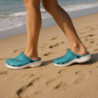 Hawaiian Turtle and Shark Clogs Shoes Kakau Tribal with Polynesian Pattern Turquoise Color LT03 - Polynesian Pride