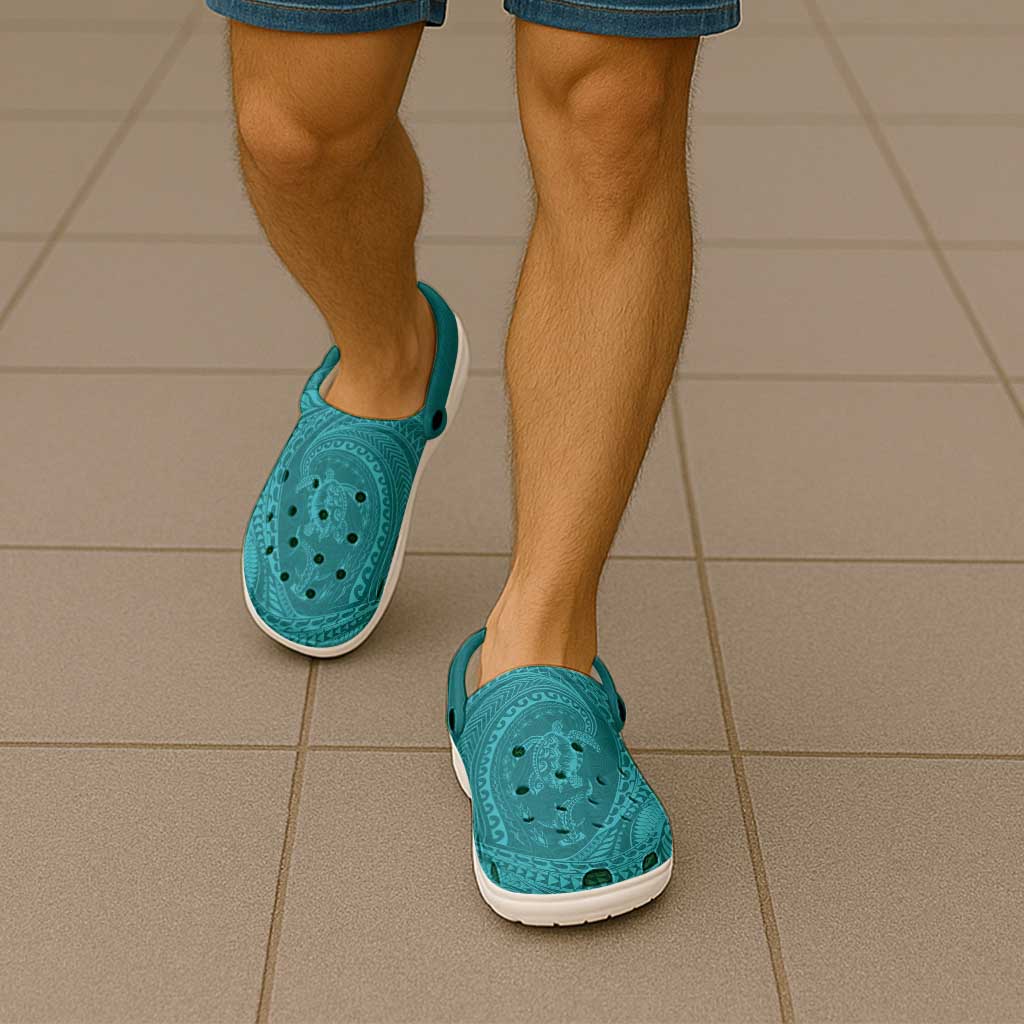 Hawaiian Turtle and Shark Clogs Shoes Kakau Tribal with Polynesian Pattern Turquoise Color LT03 - Polynesian Pride