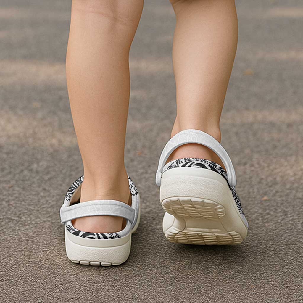 Hawaiian Turtle and Shark Clogs Shoes Kakau Tribal with Polynesian Pattern White Color LT03 - Polynesian Pride