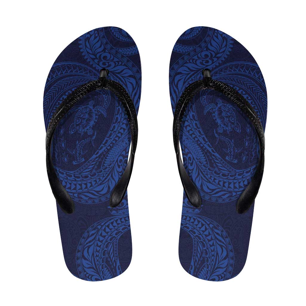 Hawaiian Turtle and Shark Flip Flops Kakau Tribal with Polynesian Pattern Blue Color LT03 Blue - Polynesian Pride