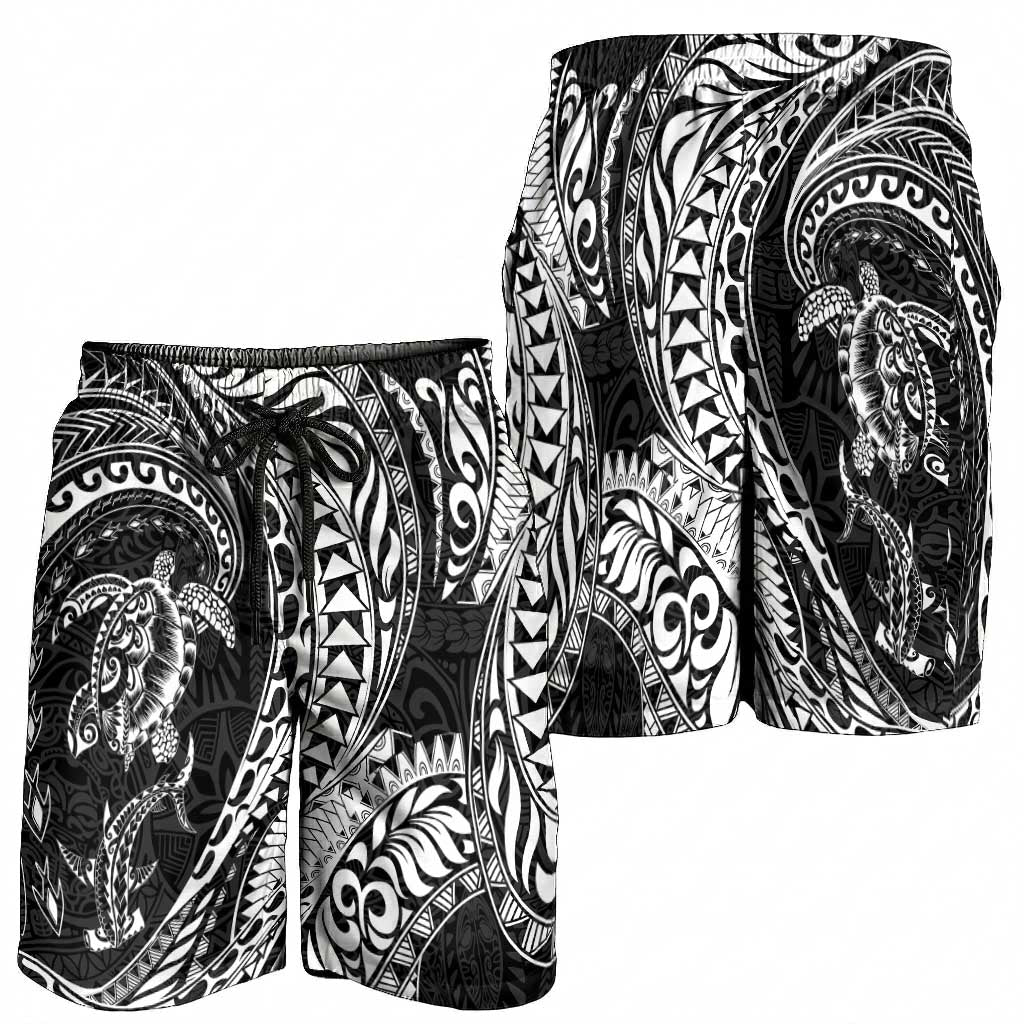 Hawaiian Turtle and Shark Shorts for Men Kakau Tribal with Polynesian Pattern Black Color LT03 - Polynesian Pride