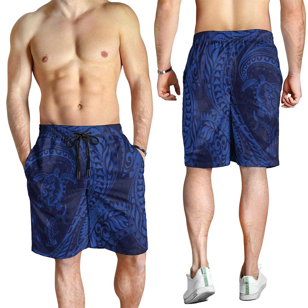 Hawaiian Turtle and Shark Shorts for Men Kakau Tribal with Polynesian Pattern Blue Color LT03 - Polynesian Pride