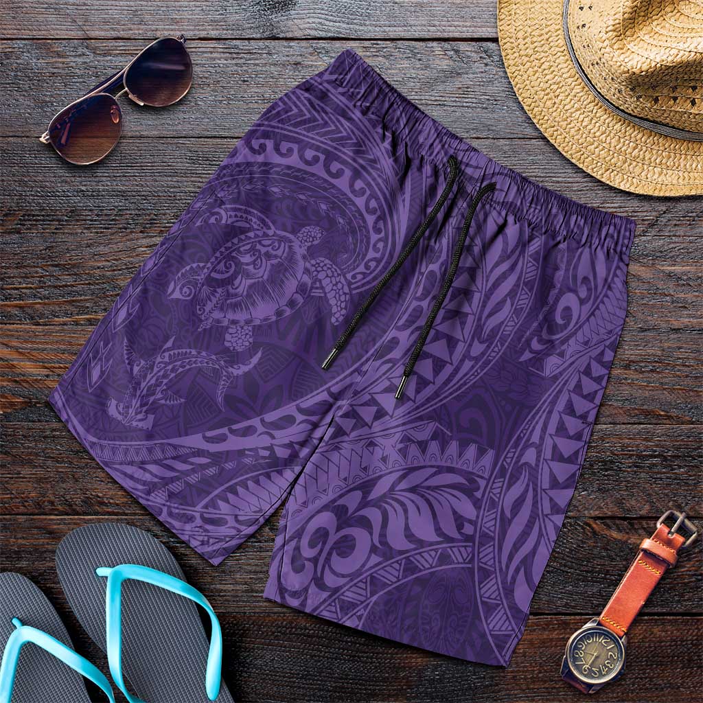 Hawaiian Turtle and Shark Shorts for Men Kakau Tribal with Polynesian Pattern Purple Color LT03 Purple - Polynesian Pride