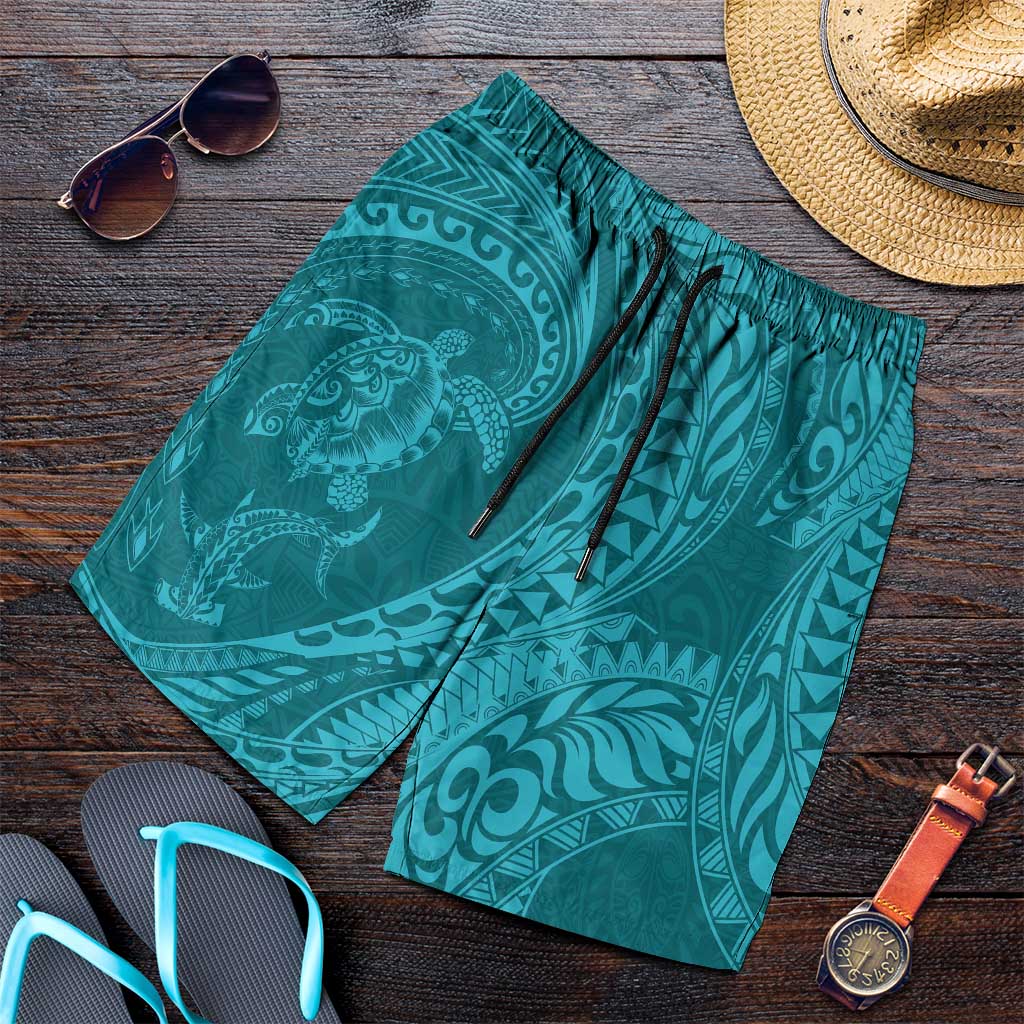 Hawaiian Turtle and Shark Shorts for Men Kakau Tribal with Polynesian Pattern Turquoise Color LT03 Turquoise - Polynesian Pride