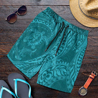 Hawaiian Turtle and Shark Shorts for Men Kakau Tribal with Polynesian Pattern Turquoise Color LT03 Turquoise - Polynesian Pride
