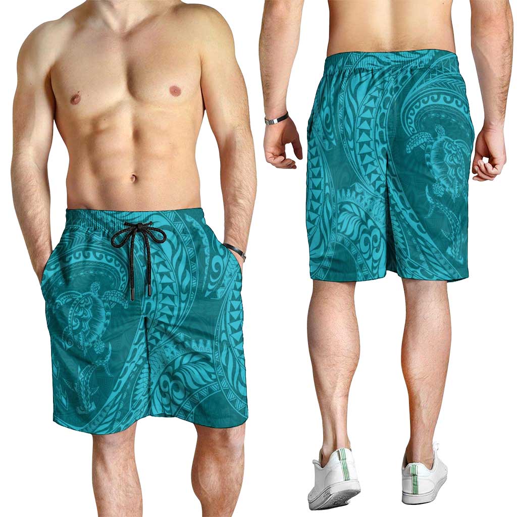 Hawaiian Turtle and Shark Shorts for Men Kakau Tribal with Polynesian Pattern Turquoise Color LT03 - Polynesian Pride