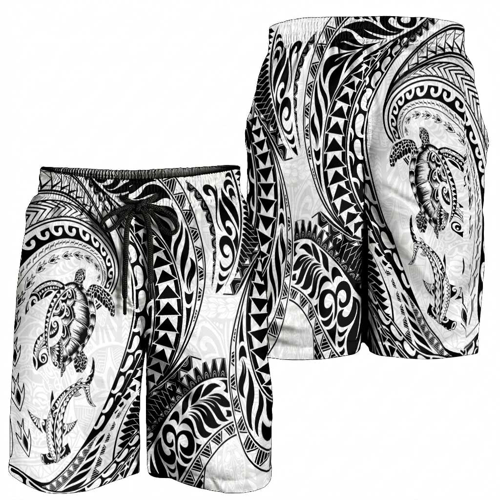 Hawaiian Turtle and Shark Shorts for Men Kakau Tribal with Polynesian Pattern White Color LT03 - Polynesian Pride