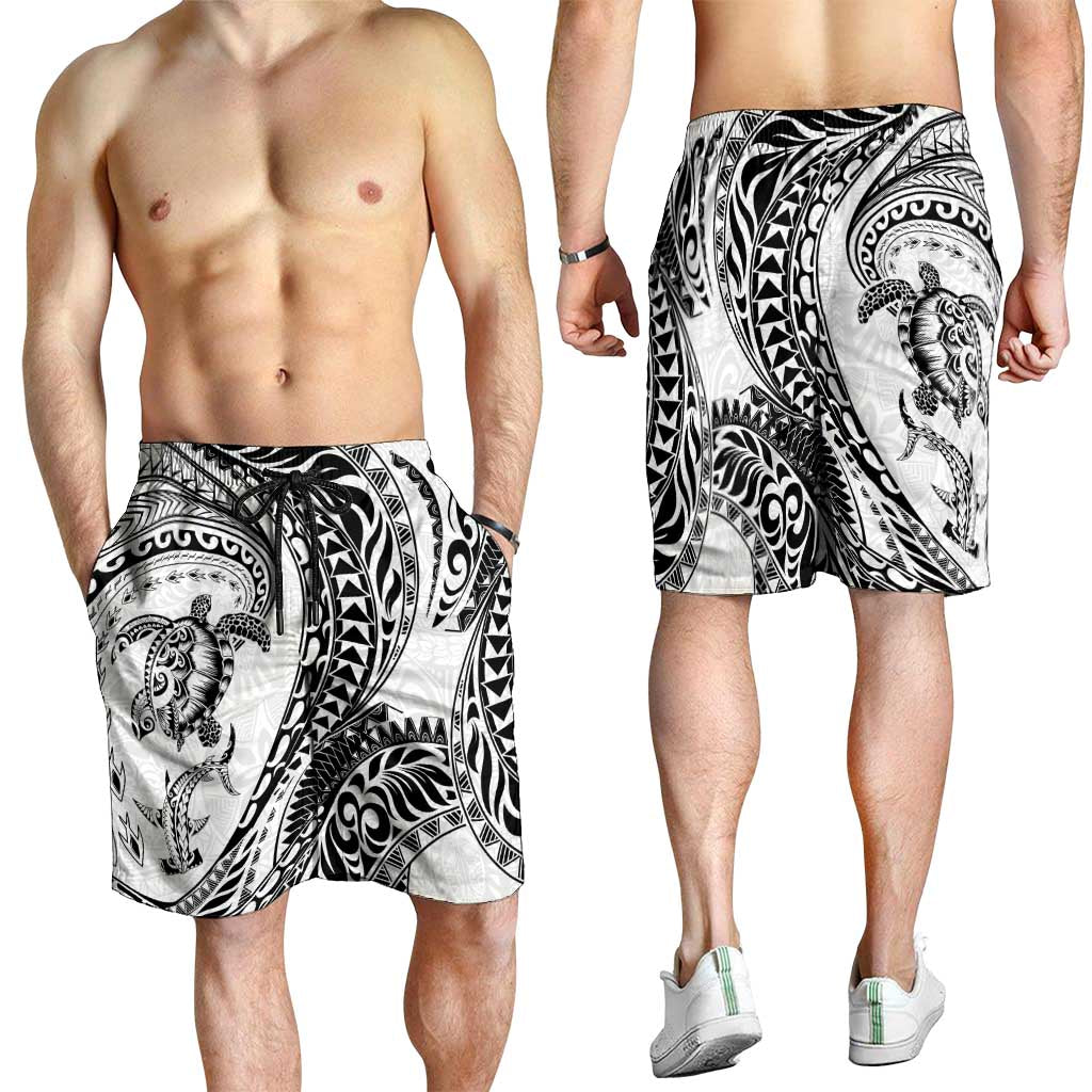 Hawaiian Turtle and Shark Shorts for Men Kakau Tribal with Polynesian Pattern White Color LT03 - Polynesian Pride