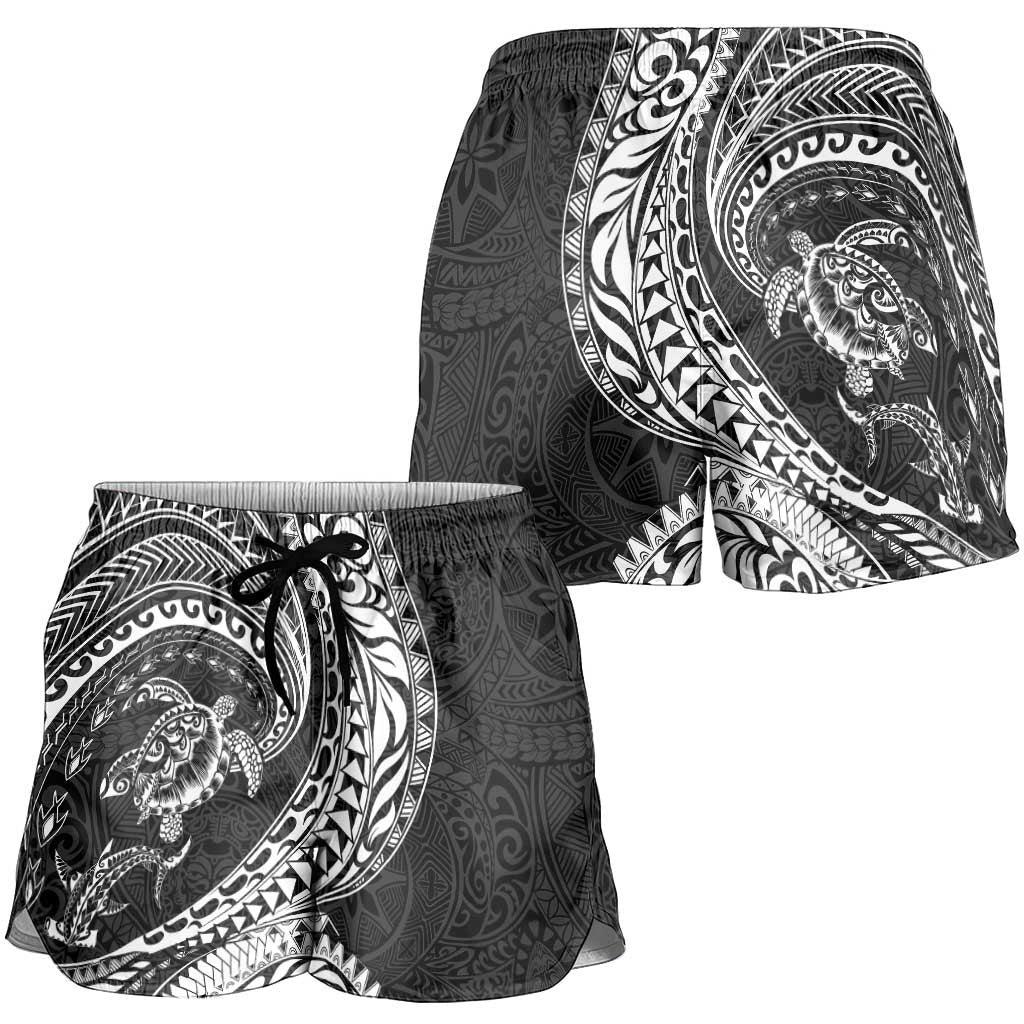 Hawaiian Turtle and Shark Shorts for Women Kakau Tribal with Polynesian Pattern Black Color LT03 - Polynesian Pride