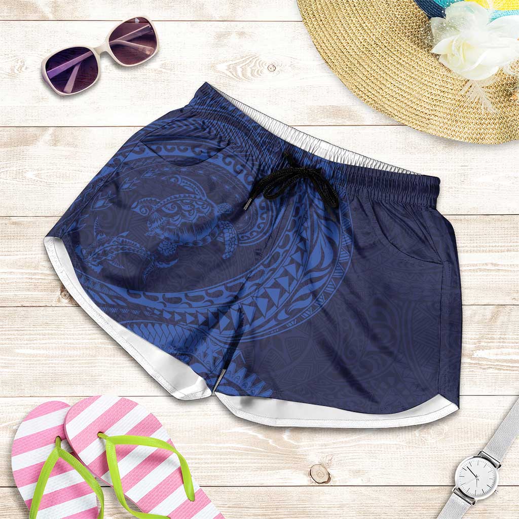 Hawaiian Turtle and Shark Shorts for Women Kakau Tribal with Polynesian Pattern Blue Color LT03 Blue - Polynesian Pride