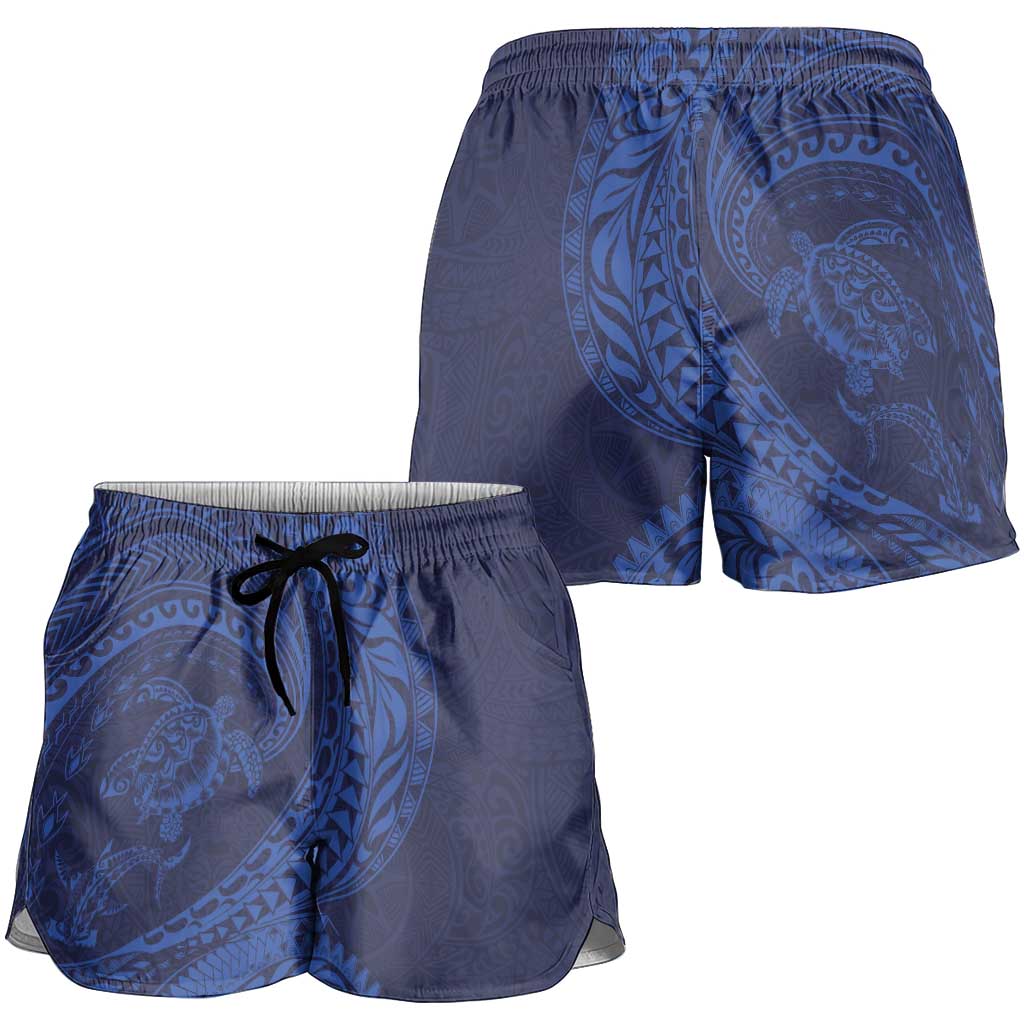 Hawaiian Turtle and Shark Shorts for Women Kakau Tribal with Polynesian Pattern Blue Color LT03 - Polynesian Pride