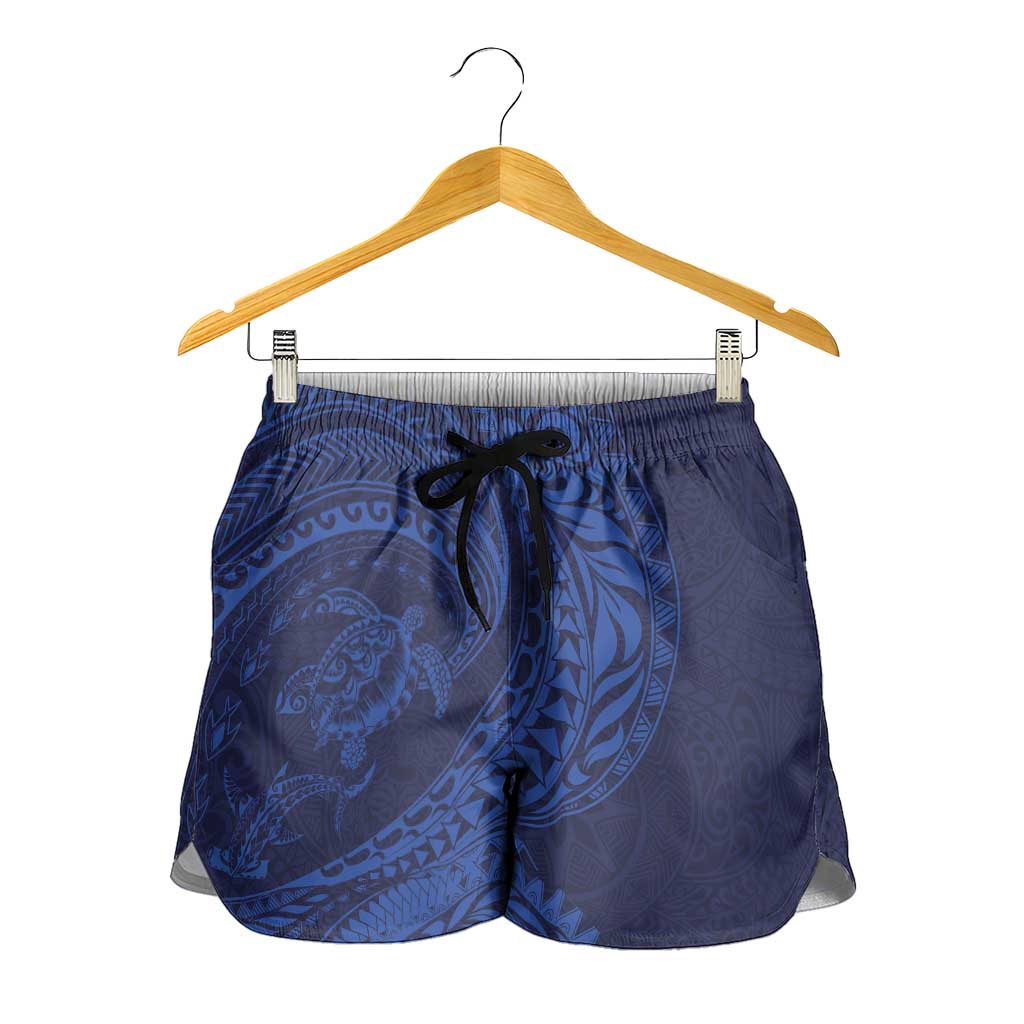 Hawaiian Turtle and Shark Shorts for Women Kakau Tribal with Polynesian Pattern Blue Color LT03 - Polynesian Pride