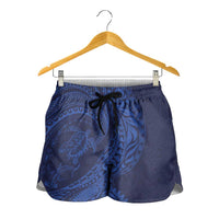 Hawaiian Turtle and Shark Shorts for Women Kakau Tribal with Polynesian Pattern Blue Color LT03 - Polynesian Pride