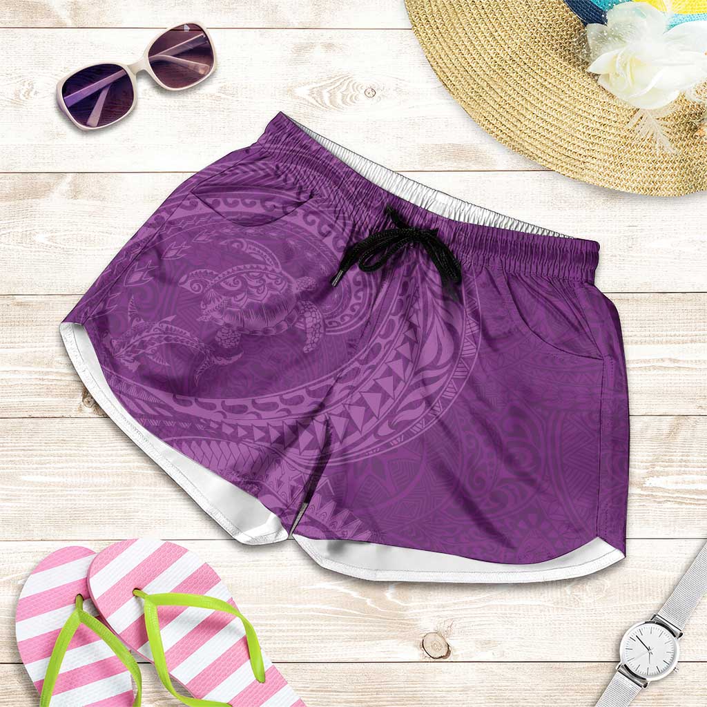 Hawaiian Turtle and Shark Shorts for Women Kakau Tribal with Polynesian Pattern Pink Color LT03 Pink - Polynesian Pride