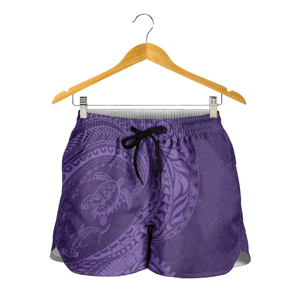Hawaiian Turtle and Shark Shorts for Women Kakau Tribal with Polynesian Pattern Purple Color LT03 - Polynesian Pride