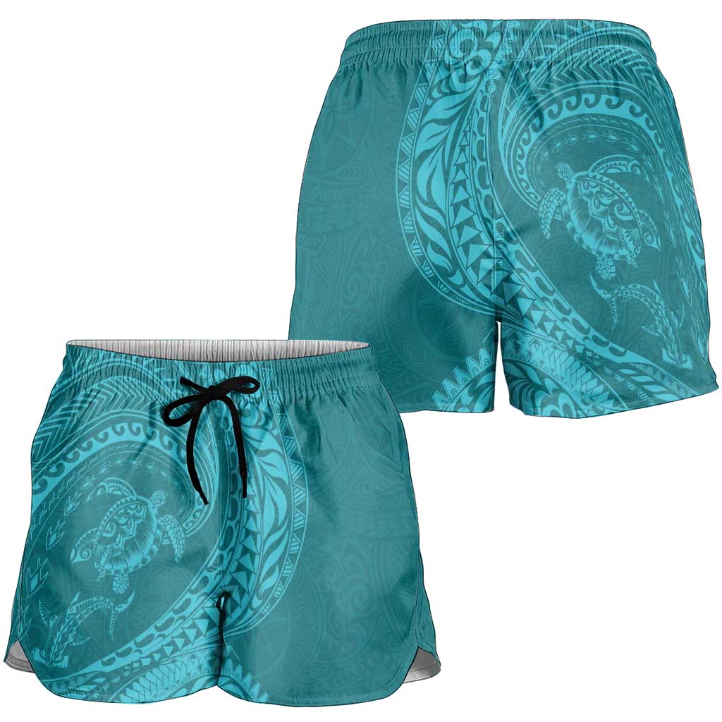 Hawaiian Turtle and Shark Shorts for Women Kakau Tribal with Polynesian Pattern Turquoise Color LT03 - Polynesian Pride