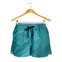 Hawaiian Turtle and Shark Shorts for Women Kakau Tribal with Polynesian Pattern Turquoise Color LT03 - Polynesian Pride