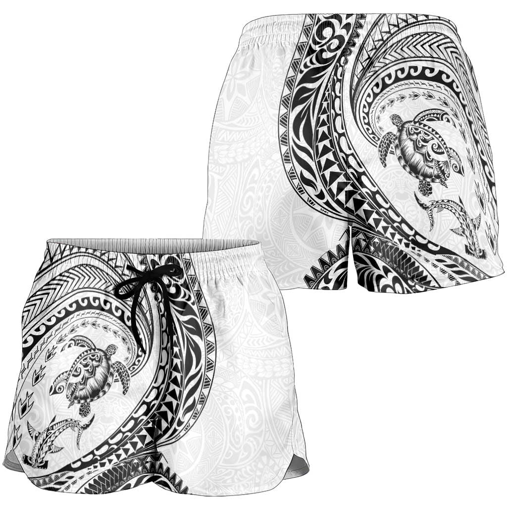 Hawaiian Turtle and Shark Shorts for Women Kakau Tribal with Polynesian Pattern White Color LT03 - Polynesian Pride