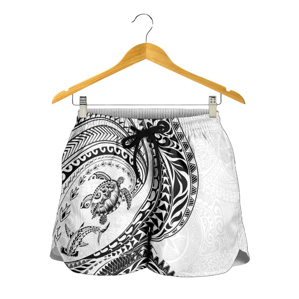 Hawaiian Turtle and Shark Shorts for Women Kakau Tribal with Polynesian Pattern White Color LT03 - Polynesian Pride