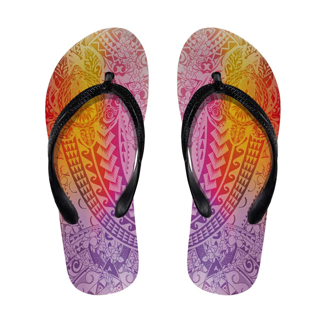 Hawaiian Turtles and Leis Flip Flops Tribal Kakau Pattern Magical Rainbow Sky LT03 Multicolor - Polynesian Pride