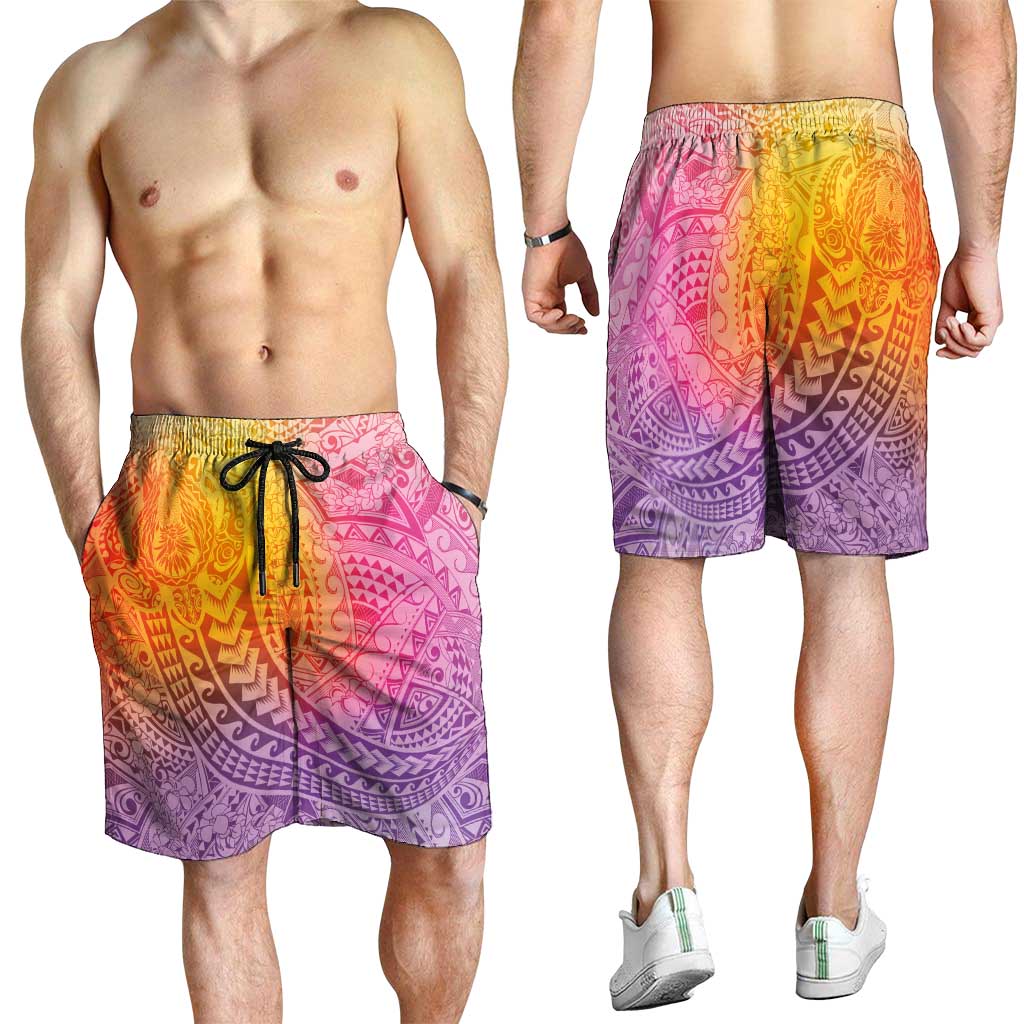 Hawaiian Turtles and Leis Shorts for Men Tribal Kakau Pattern Magical Rainbow Sky LT03 - Polynesian Pride