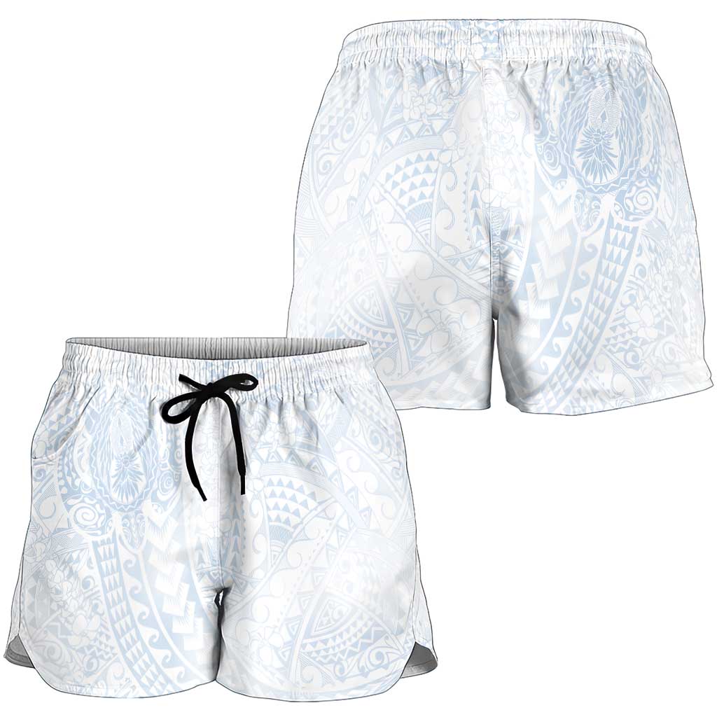 Hawaiian Turtles and Leis Shorts for Women Tribal Kakau Pattern Airy White Blue Cloud Vibe LT03 - Polynesian Pride