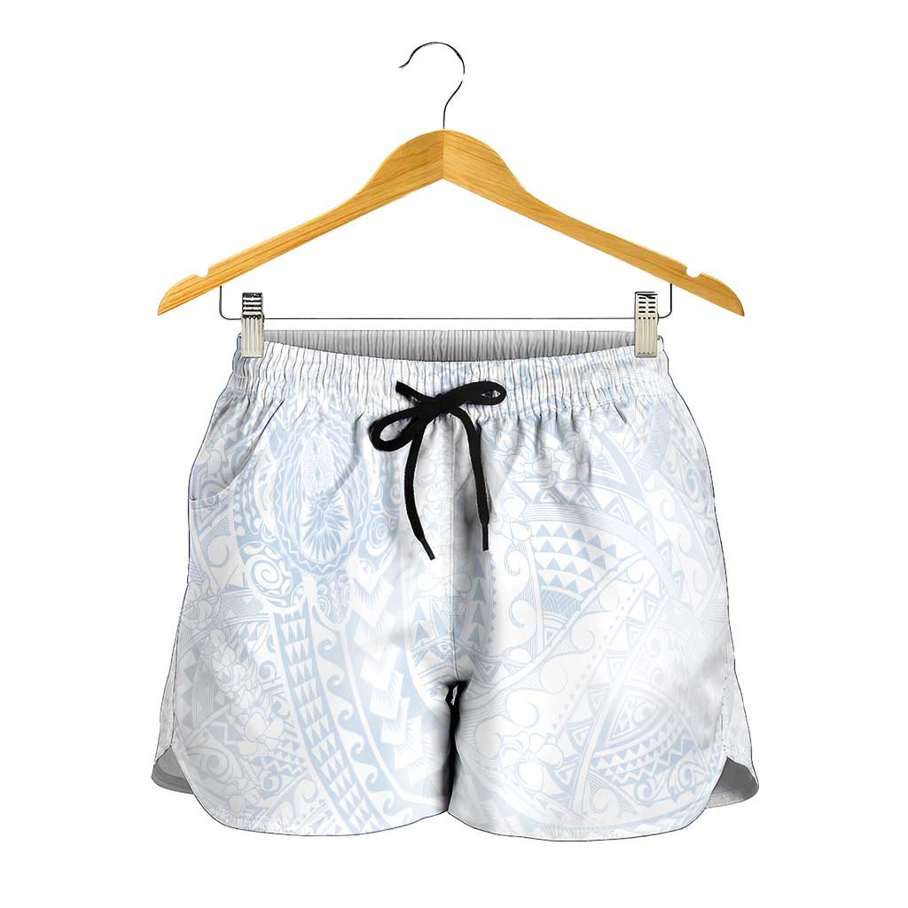 Hawaiian Turtles and Leis Shorts for Women Tribal Kakau Pattern Airy White Blue Cloud Vibe LT03 - Polynesian Pride