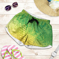 Hawaiian Turtles and Leis Shorts for Women Tribal Kakau Pattern Fresh Summer Vibe LT03 Green - Polynesian Pride