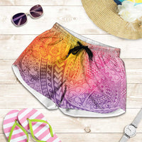 Hawaiian Turtles and Leis Shorts for Women Tribal Kakau Pattern Magical Rainbow Sky LT03 Multicolor - Polynesian Pride