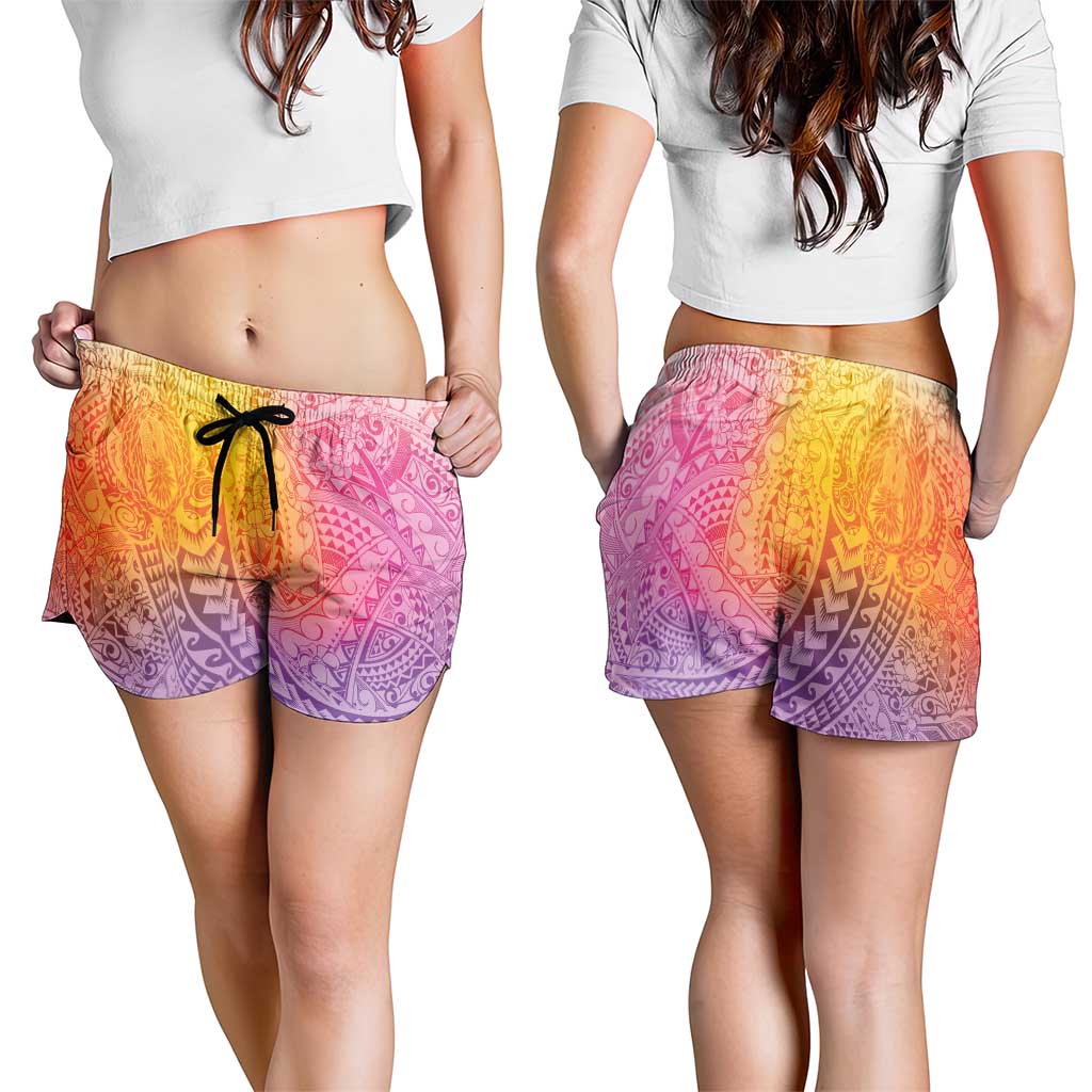 Hawaiian Turtles and Leis Shorts for Women Tribal Kakau Pattern Magical Rainbow Sky LT03 - Polynesian Pride