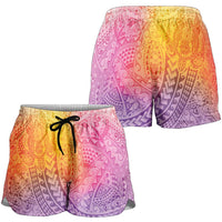 Hawaiian Turtles and Leis Shorts for Women Tribal Kakau Pattern Magical Rainbow Sky LT03 - Polynesian Pride