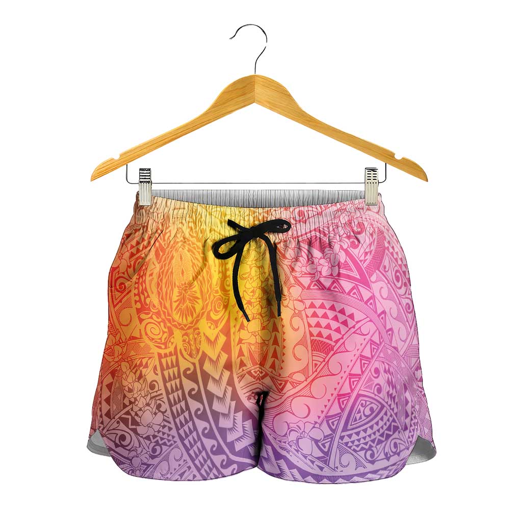 Hawaiian Turtles and Leis Shorts for Women Tribal Kakau Pattern Magical Rainbow Sky LT03 - Polynesian Pride